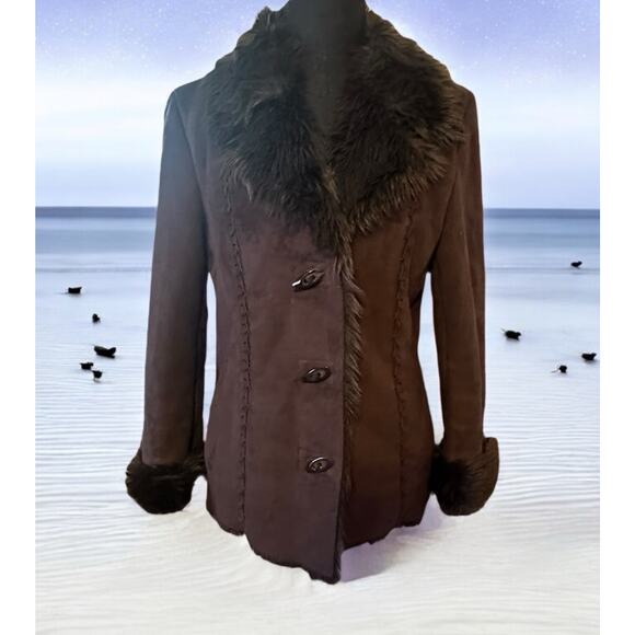 Dark Brown Faux Suede ESPRIT Coat Jacket Woman’s Sz Medium - Picture 2 of 7